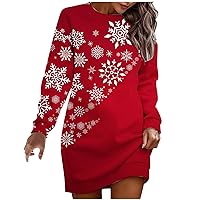 Womens Ugly Christmas Sweater Dress Funny Snowflake Sweatshirts Mini Dress Xmas Casual Crewneck Pullover Dresses