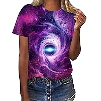 Women's Galaxy Starry Sky Pattern Round Neck T Shirt Loose Short Sleeved Top Womens Undershirts Camisole Set