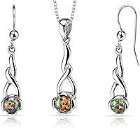 PEORA Created Black Opal Earrings and Pendant Necklace Jewelry Set in Sterling Silver, Infinity Twist Design, Round Shape, 2 Carats total with 18 inch Chain