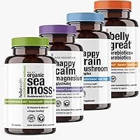 Organic Irish Sea Moss Capsules, Magnesium Glycinate, Happy Brain Mushroom Complex Nootropics Brain Support Supplement, Prebiotics and Probiotics for Gut Health - Herbal Supplements Bundle - 4 bottles