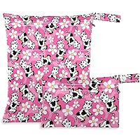 visesunny Cute Cow Flower 2Pcs Wet Bag with 2 Zippered Pockets Snap Handle Washable Reusable Roomy for Travel,Beach,Pool,Daycare,Stroller,Diapers,Dirty Gym Clothes, Wet Swimsuits, Toiletries
