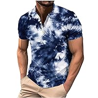 Golf Polo Shirts Men's Short Sleeve Henley Shirt Tie-Dye Printed Button Down Collarless Soft Athletic Polo T Shirts