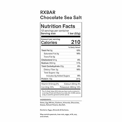 RXBAR Whole Food Protein Bar, Chocolate Sea Salt 1.83 Ounce (Pack of 12)
