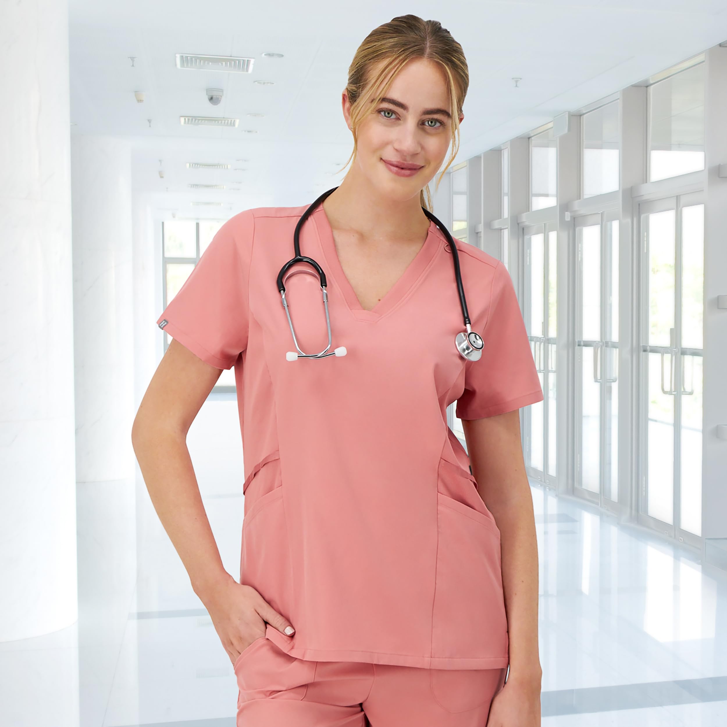 Hanes Women's Scrubs Healthcare Top, Moisture-Wicking Stretch Scrub Shirt, Ribbed Side Panels