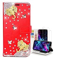 Crystal Wallet Phone Case Compatible with iPhone 13 Pro Max - Elephant - Red - 3D Handmade Sparkly Glitter Bling Leather Cover with Screen Protector [2 Pack]