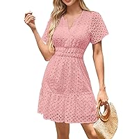 Eyelet Dress for Women, Women's V Neck A Line Hollow Lace Pleated Short Sleeved, S XXL