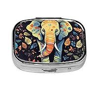 Colorful Elephant and Leaf Print Square Pill Organizer 2 Compartment Pill Box Portable Medicine Pill Case for Home Outdoor Travel