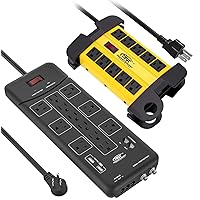 CRST 10-Outlet 15 Feet Metal Power Strip 2800 Joules Surge Protector + 12-Outlet Premium 4050 Joules All-in-One Surge Protection
