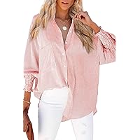 Women's Smocked Cuffed Striped Boyfriend Shirt with Pocket Casual Collar Long Sleeve Blouse Tops for Pocket Shirred