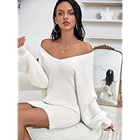 Women's Dress Sweater Dress for Women Lantern Sleeve Fitted Sweater Dress (Color : White, Size : X-Large)
