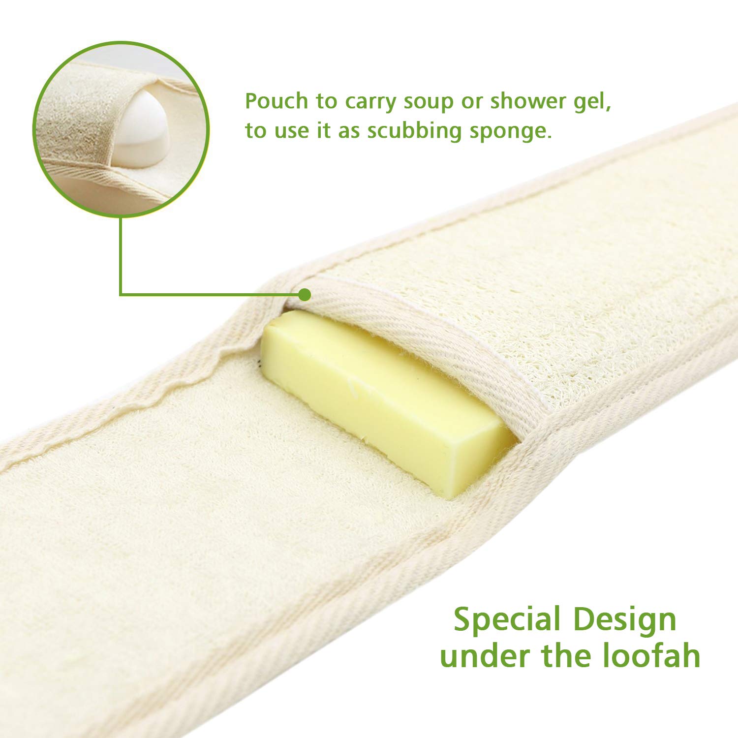 DigHealth Exfoliating Loofah Back Scrubber for Bath, Long Shower Luffa Sponge with Bar Soap Pocket, Body Sponge Scratcher with Natural Loufa for Men and Women
