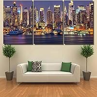 ORDIFEN Large Canvas Wall Art 3 Panels Pictures Wall Decor New York Manhattan At Night 3 Panels Pictures Modern Artwork Bathroom Pictures Wall Decor Kitchen Pictures Wall Decor