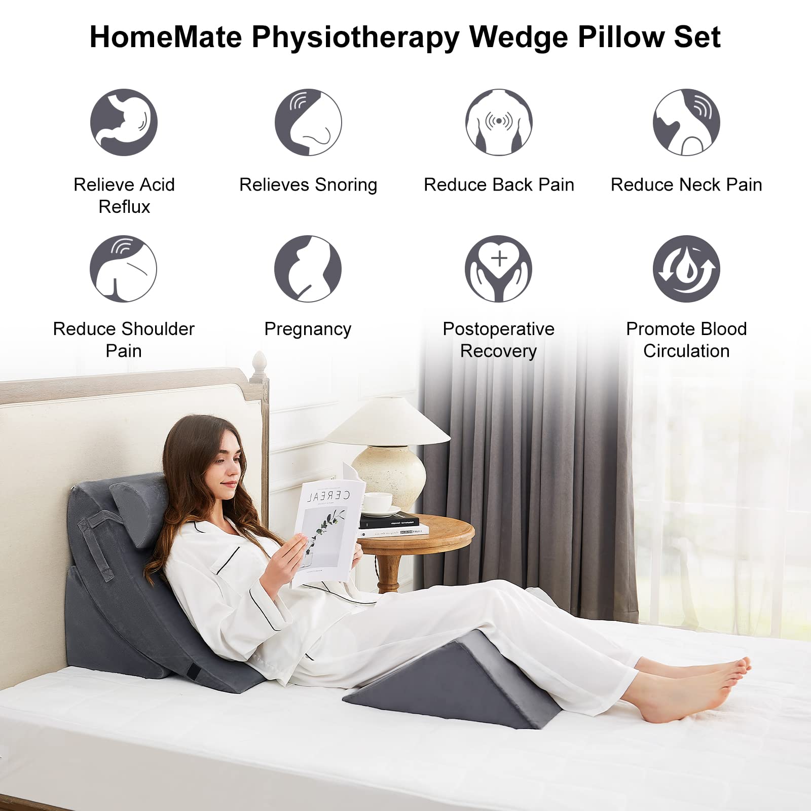HomeMate 4pcs Orthopedic Bed Wedge Pillow Set, Post Surgery Foam Pillows for Back, Neck and Leg Pain Relief, Adjustable Wedge Pillow for Sleeping-Acid Reflux,Anti Snoring, Heartburn & GERD Sleeping