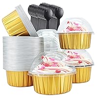 Aluminum Cupcake Liners with Dome Lids 50 Pack,Free-Air 5oz Foil Baking Cups Muffin Tins,Disposable Ramekins Jumbo Muffin Liners for Wedding Birthday Party,with 50 Spoons-Gold