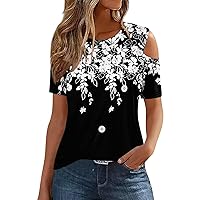 Cold Shoulder Tops for Women, Summer 2024 T Shirts Button Vintage Graphic Tees Tshirts, S XXXL