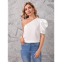 Women's T-Shirts One Shoulder Puff Sleeve Blouse T-Shirts (Color : White, Size : X-Small)