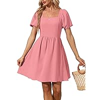 Women Puff Sleeve Square Neck Tie in Back Dresses with Zipper