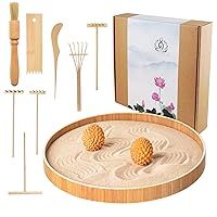 Japanese Zen Garden for Desk, Dorhui Sand Tray Therapy Kit Meditation Gifts - 12”Large Round Bamboo Tray, 7Pcs Mini Zen Garden Rake Kit, Stamp Spheres for Home, Office, and Classroom
