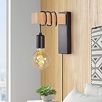 Farmhouse Plug in Wall Sconce, Black Wall Lamp for Bedroom Bedside Reading Living Room Industrial Wood Wall Mounted Lights Fixture with Switch Lighting with Plug Cord