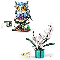 MOC Creative Flower & Owl Animal Model Set, Orchid Bonsai Flowers for The Home or Office