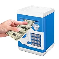 Electronic Password Piggy Bank Kids Safe Bank Mini ATM Electronic Money Save Box Cash Coin Can (Blue White)