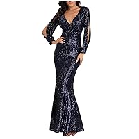 Womens Cocktail Dresses 2023 Long Sleeve Sexy V-Neck Sequined Slim Fit Mermaid Evening Dress New Years Eve Dress