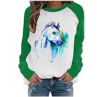 Long Sleeve Tops for Womens Vintage Horse Graphic T Shirts Crew Neck Pullover Fashion Casual Blouse Spring Tees Shirt