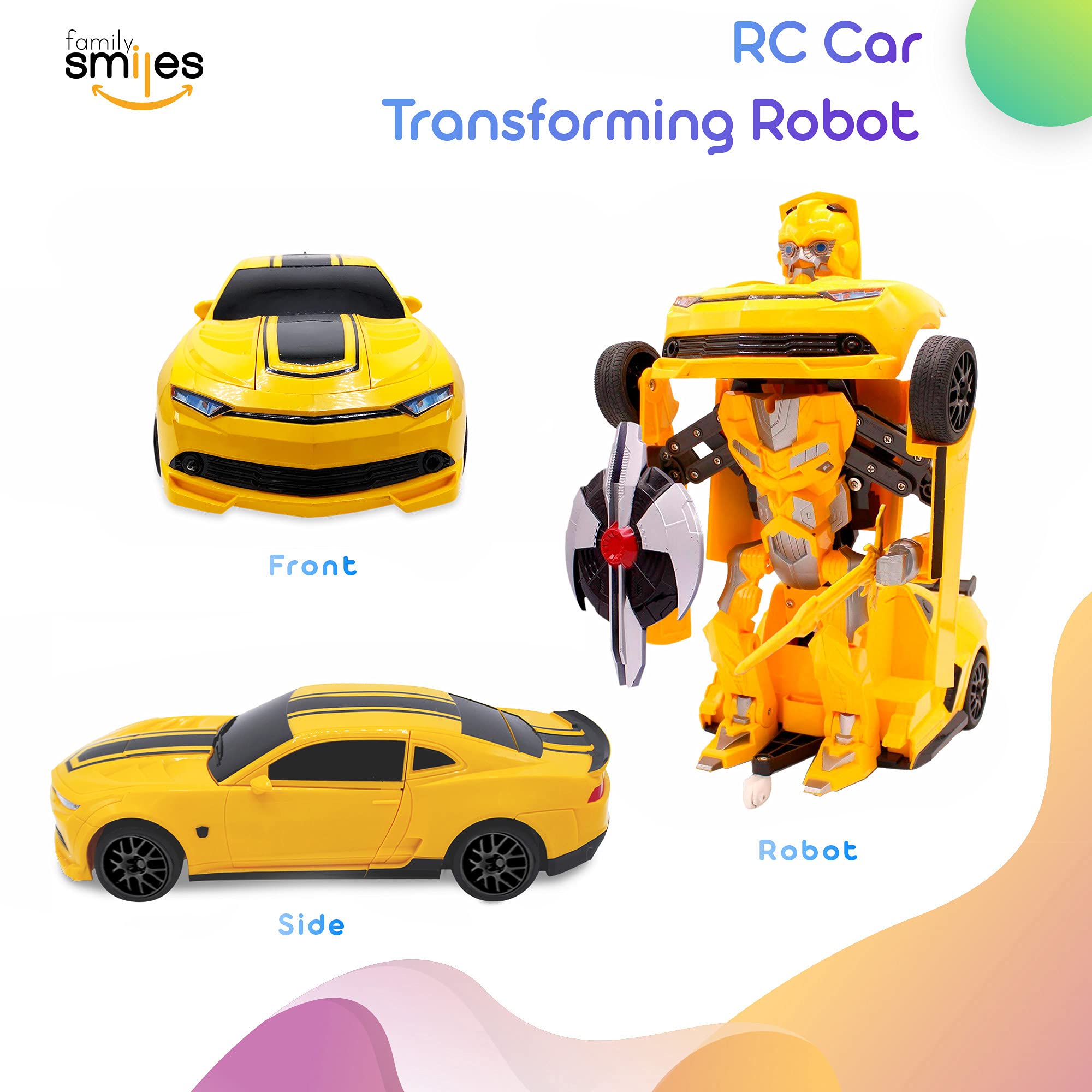 Kids RC Toy Sports Car Transforming Robot Remote Control with One Button Transformation, Realistic Engine Sounds, 360 Speed Drifting, Sword and Shield Included Toys For Boys 1:14 Scale Yellow