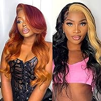 haha Red Orange Ombre Lace Front Wig Human Hair Ginger Red Highlight Lace Front Wig 18 Inch + 1b/27 Honey Blonde Skunk Stripe Wig Human Hair Lace Front 13x4 18 Inch