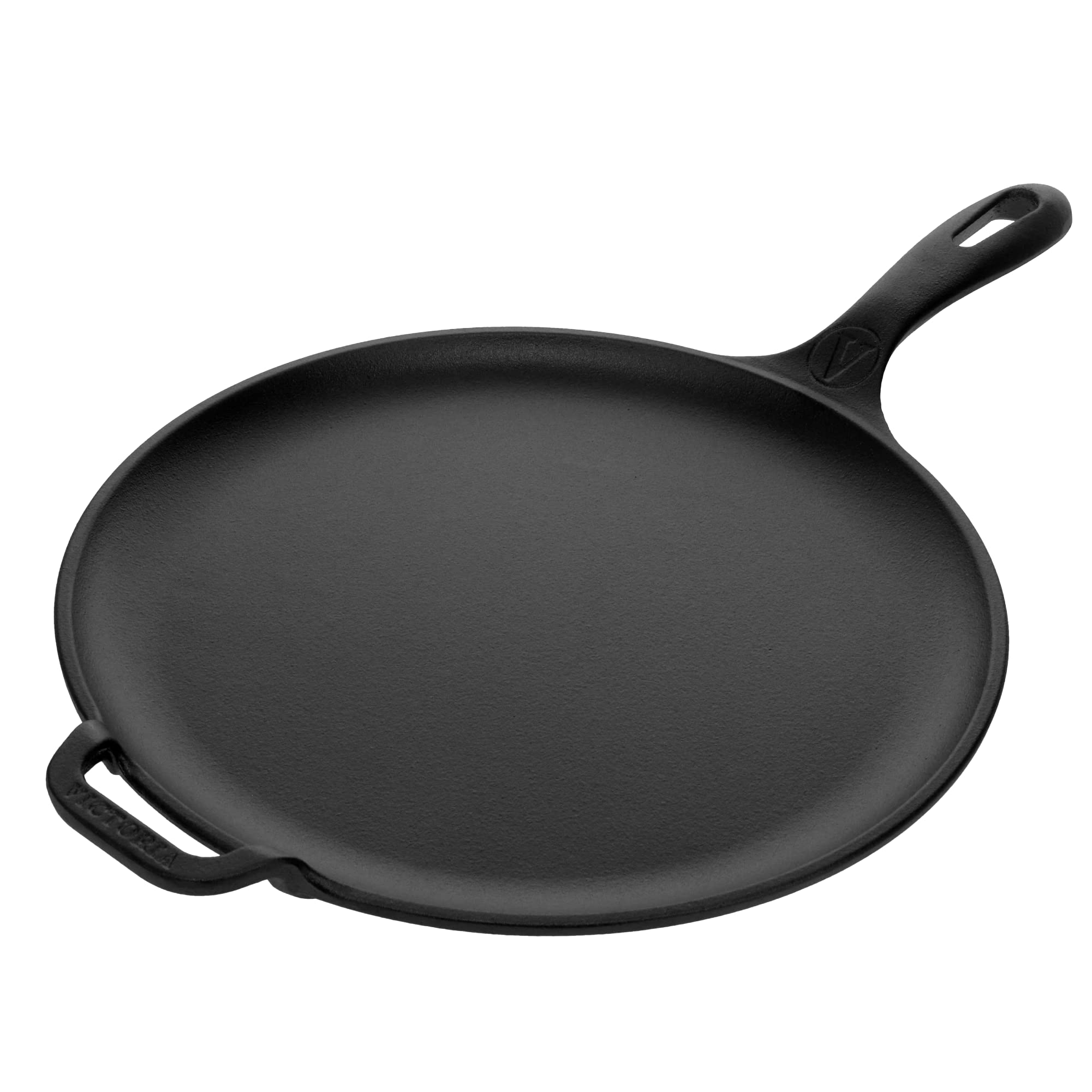 Victoria 12-Inch Cast Iron Comal Pizza Pan with a Long Handle and a Loop Handle, Preseasoned with Flaxseed Oil, Made in Colombia