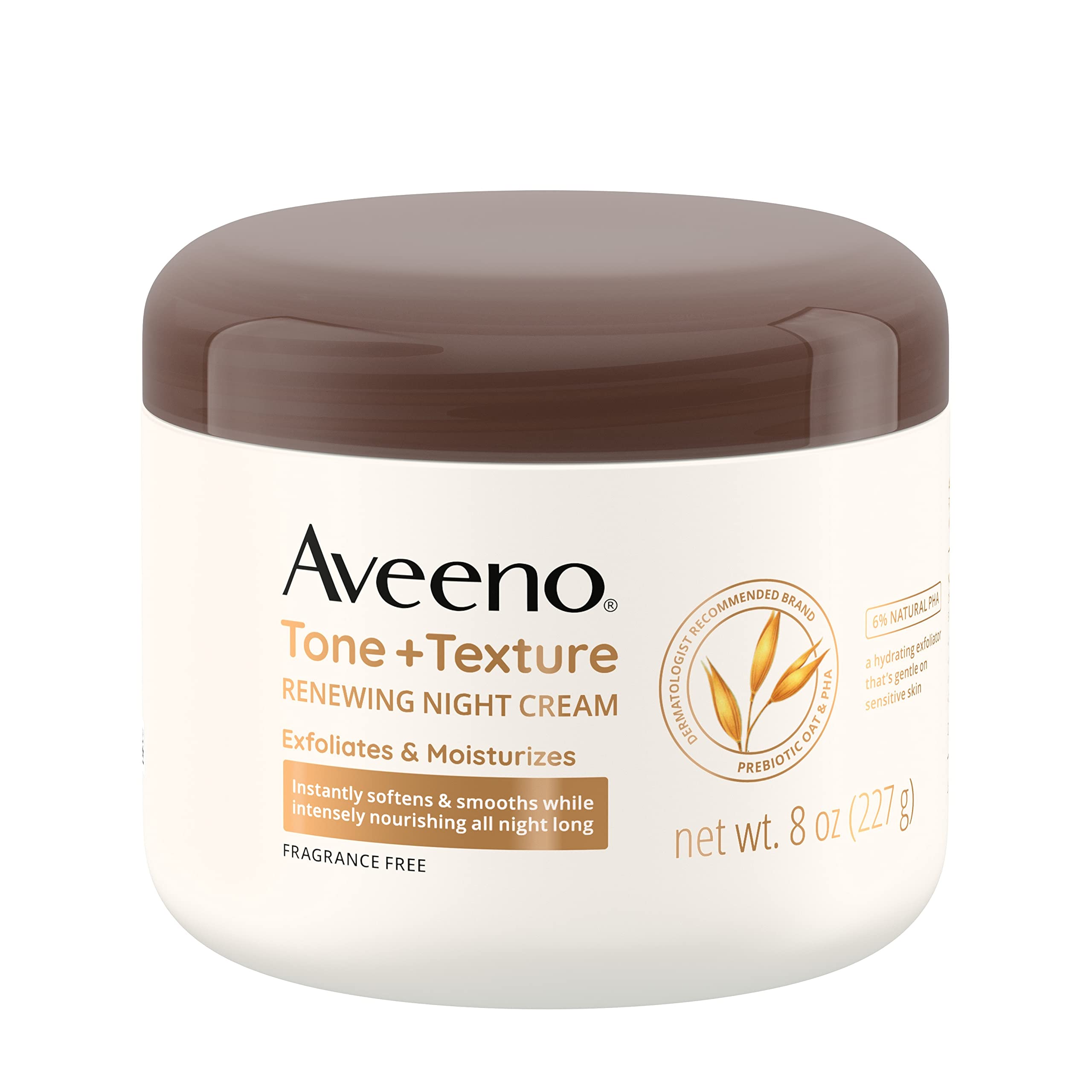 Aveeno Tone + Texture Renewing Night Cream With Prebiotic Oat, Gentle Cream Exfoliates & Moisturizes Sensitive Skin, Instantly Softens & Smooths & Intensely Nourishes, Fragrance-Free, 8 Oz