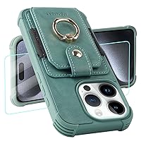 MONASAY Wallet Case Compatible for iPhone 15 Pro Max 5G 6.7 inch with 360° Rotation Ring Stand[Screen Protector][RFID Blocking] Leather Phone Cover with Card Holder for Women and Men, Light Green