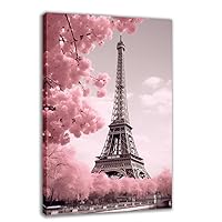 Pink Paris Canvas Wall Art, Pink Leaves and Eiffel Tower Poster Print Blush Pink Paris Fashion Picture Painting for Girls Room Living Room Decor(Artwork-03, 12