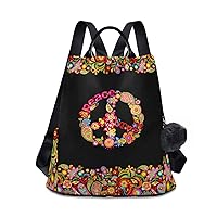 ALAZA Hippie Peace Sign Floral Backpack Purse for Women Anti Theft Fashion Back Pack Shoulder Bag