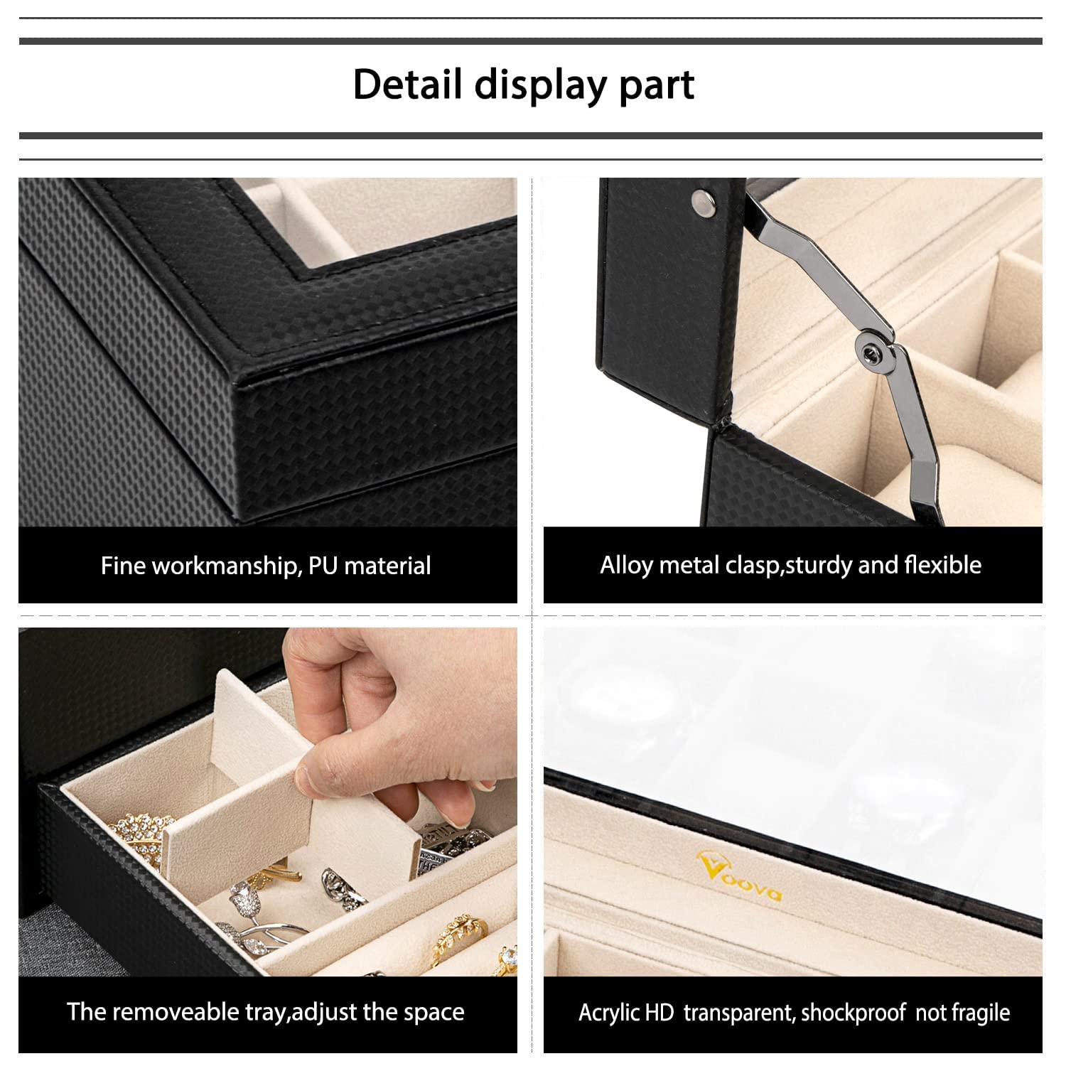 Voova Jewelry Box Watch Boxes Organizer for Men Women, 2 Layer Large 12 Slot PU Leather Watch Storage Case, Glass Top Jewelry Display Holder for Watches Sunglasses Rings Necklaces Bracelets,Black