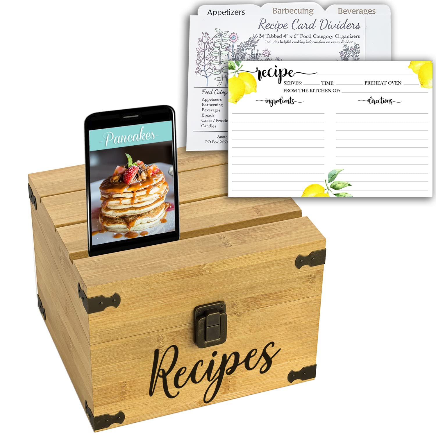 Zen Earth Inspired Kitchen Large Recipe Box Handcrafted Bamboo Wood +100 Veggie Recipe Cards, Dividers & 3 Clear Card Protector Frames - Card Holde...