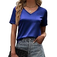 Maysoar Womens Satin Blouses for Women Short Sleeve Shirts V Neck Blouses Summer Casual Tops with Front Pocket