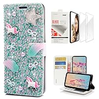 STENES Bling Wallet Phone Case Compatible with Google Pixel 7 Pro - Stylish - 3D Handmade Crystal Unicorn Star Bowknot Magnetic Wallet Leather Cover with Screen Protector [2 Pack] - Fantasy