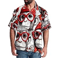 Hawaiian Shirt for Men Casual Button Down, Quick Dry Holiday Beach Short Sleeve Shirts Red Glasses Hat Monkey,S