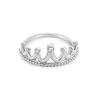 925 Sterling Silver Ring 2mm (0.03 ct. tw) Diamond Stone Crown Princess Tiara Ring Size 5-9 .This Handcrafted Silver Ring is The Perfect Holiday Gift Jewelry Gift for Women