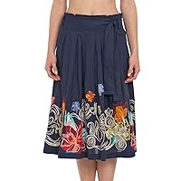 Cotton Skirt w Floral Embroidery, Elastic Waistband w Ties, Navy