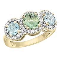 PIERA 14K Yellow Gold Natural Green Amethyst & Aquamarine Sides Round 3-stone Ring Diamond Accents, sizes 5-10