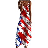 Womens Flowy Maxi Dress USA Flag 4th of July Patriotic Camisole Long Dresses Summer Sleeveless V Neck Beach Sundress
