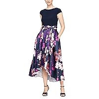 S.L. Fashions Women's Stretch Jersey Cap Sleeve Floral Hi-lo Dress with Tie Belt