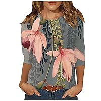 Summer Tops for Women, Womens Tops 3/4 Sleeve Shirts Round Neck Loose Casual Blouses Floral Print Tshirts