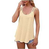 Women Spaghetti Strap Camisole Casual Eyelet Tank Tops Embroidery Scoop Neck Sleeveless Shirt Top Summer Flowy Cami Tanks