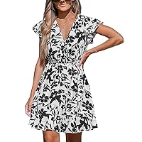 CUPSHE Women's Ruffle Beach Dress Floral V Neck Short Tiered Floral Flutter Sleeve Mini Summer Dresses