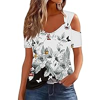 Cold Shoulder Tops for Women Vintage Print Sexy Fashion Casual with Short Sleeve Round Neck Tunic Shirts