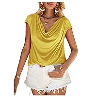 MakeMeChic Women's Solid Cowl Neck Work Office Shirt Casual Loose Short Sleeve Summer T Shirt Tops