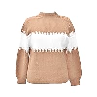 Women Turtleneck Balloon Long Sleeve Sweaters Loose Knitted Jumper Outerwear Casual Oversized Color Block Pullover Top (Medium,Khaki)